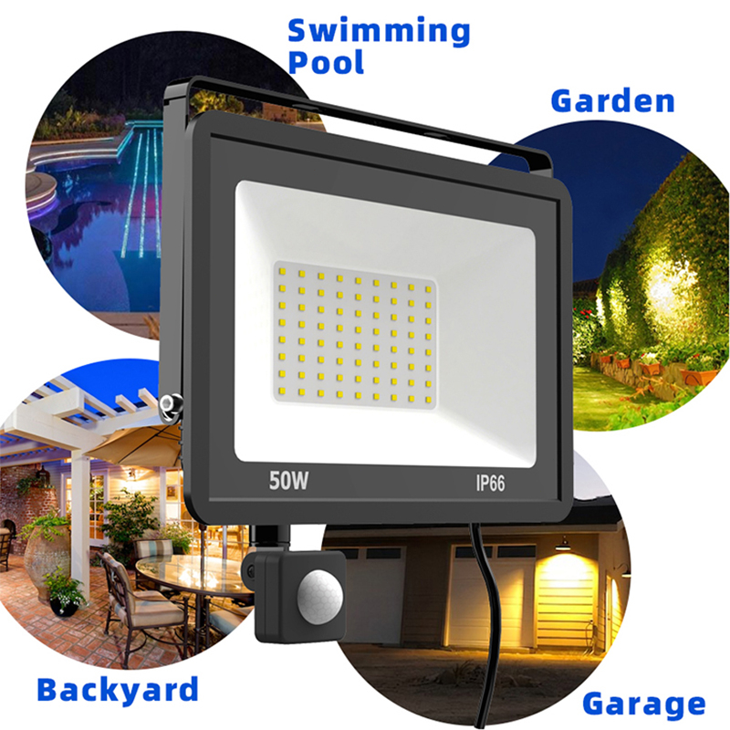 LED PIR 모션 센서 투광 조명 야외 벽 조명 흰색 빛 100W 50W 30W 20W 10W IP66 방수 LED 스포트라이트 정원