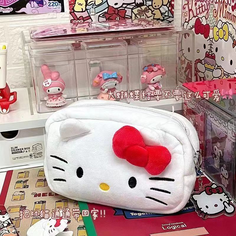 New Hello Kitty Plush Storage Bag Sanrio Makeup Bag Pencil Case Cartoon Student Stationery Bag Girl Makeup Bag Birthday Gift