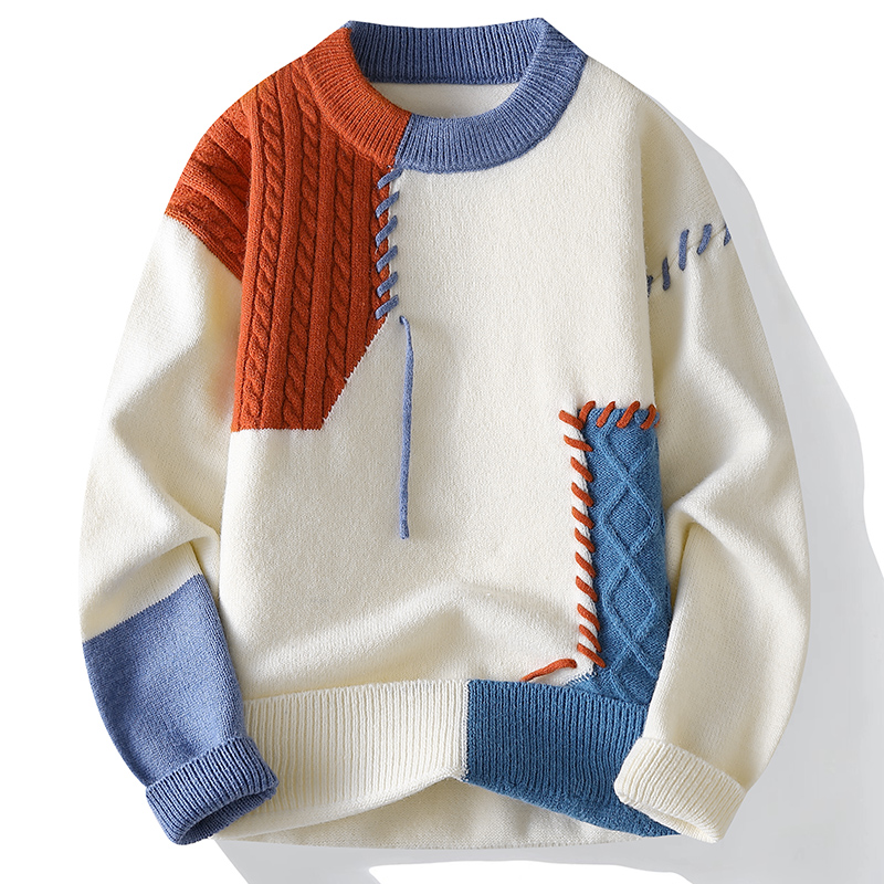 Color Block Knitwear Men's Autumn Winter round Neck Sweater Inner Shirt Trendy Brand Youthful Woolen Coat Casual Comfortable Fit