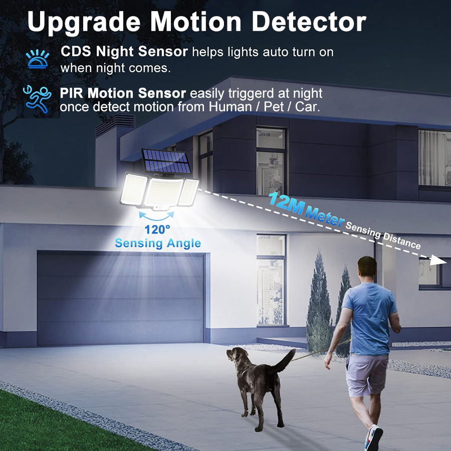 Luce solare esterna 328/348 LED Sensore di movimento super luminoso integrato Forte potenza IP65 Impermeabile 3 modalità di funzionamento Parete da giardino