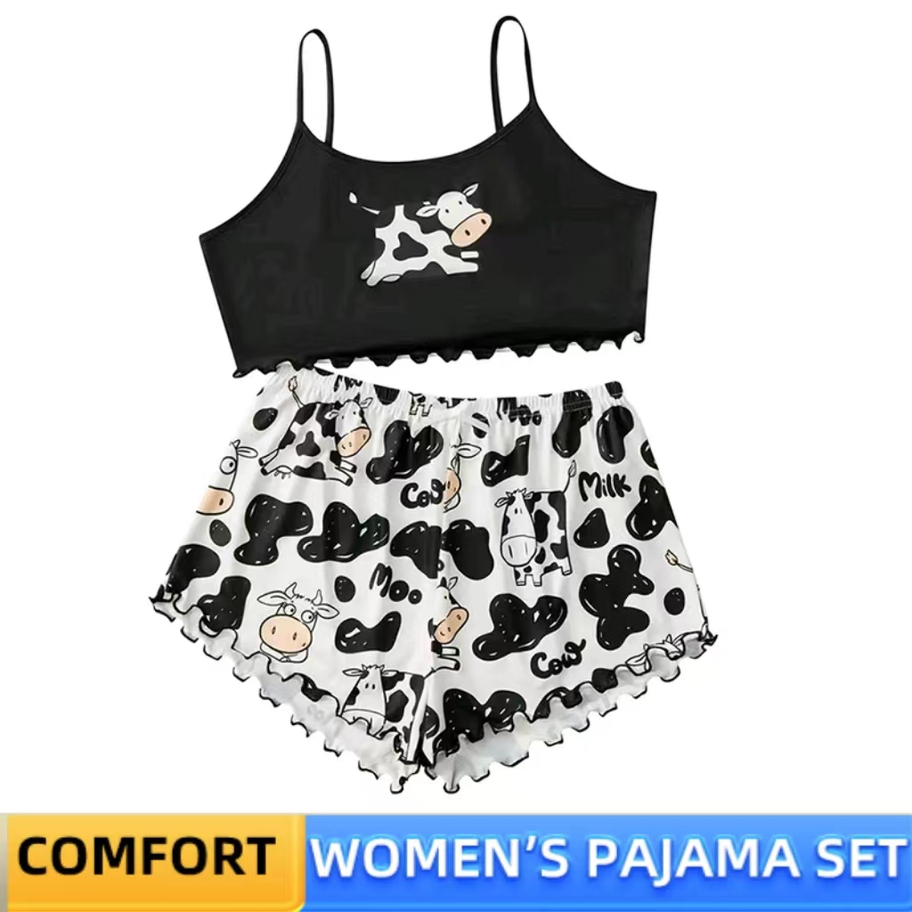 Conjunto de pijamas para mujer Ropa de dormir 2 piezas Camisola y pantalones cortos Deportes Vaca Estampado de dibujos animados Ventilar Suave Casual S M L Negro