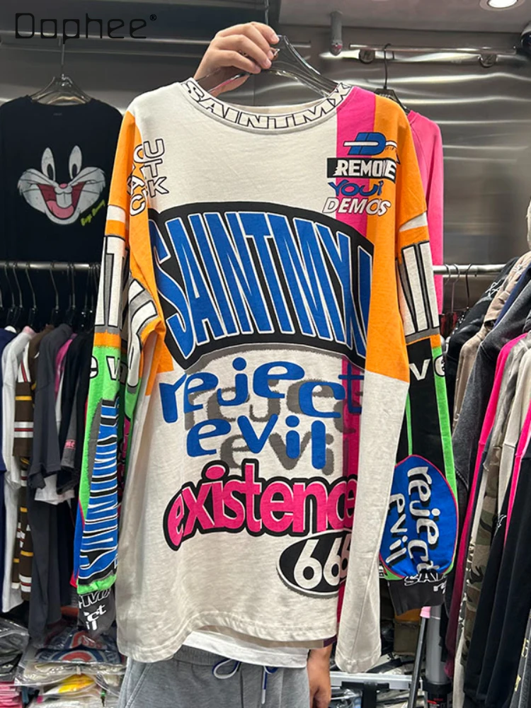 Fashionable Letter Printed Loose Long Sleeves T-shirt Women's 2023 Spring and Autumn Round Neck Pullover Mid-Length Cotton Top