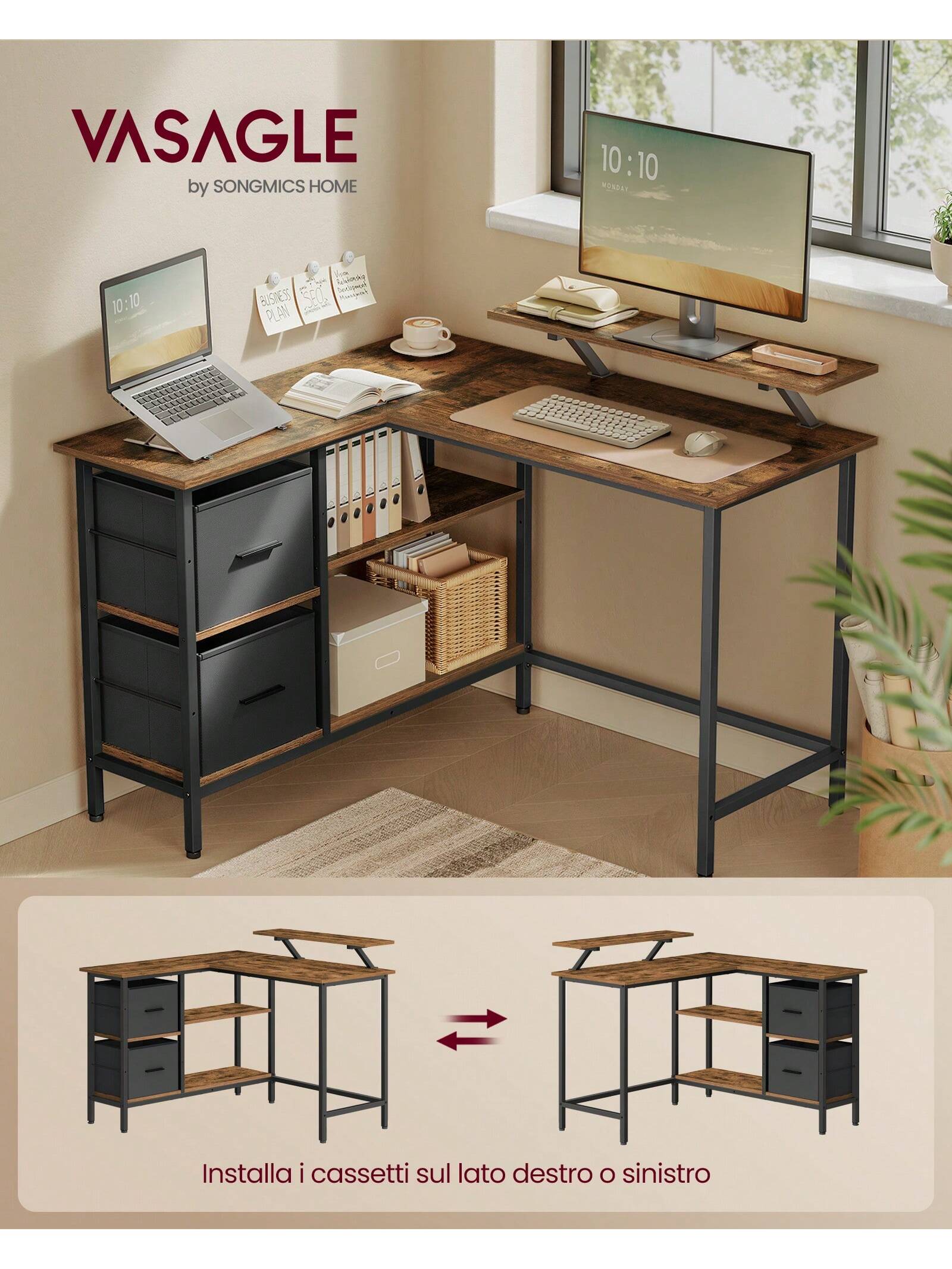 VASAGLE Scrivania a L con 2 Ampi Cesti, Scrivania per Computer con Supporto per Monitor, Scrivania Angolare, Tavolo da Gaming con Ripiani Portaoggetti Regolabile, per Studio, Marrone Vintage/Nero Ebano