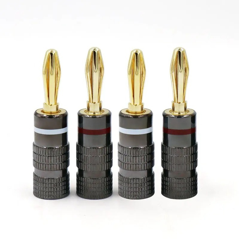 4 Stück New Gun Metal BANANENSTECKER 24K vergoldeter 4MM Bananenstecker mit Schraubverschluss für Audio-Buchse, Lautsprecherstecker, Weiß und Rot