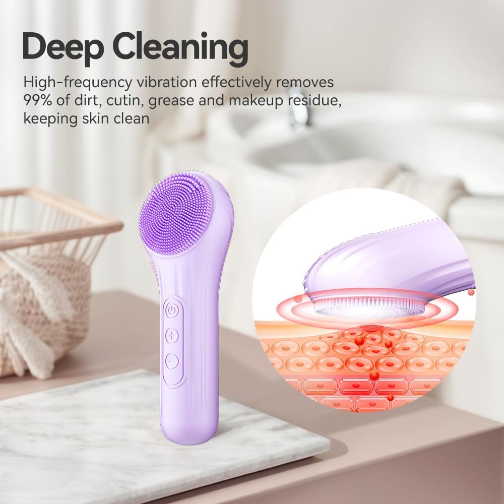 Facial cleansing brush, silicone facial cleansing brush, with heating and vibration 5-speed settings, waterproof rechargeable el