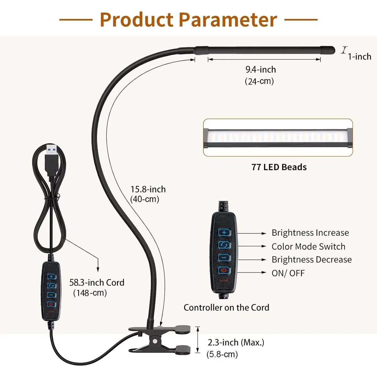 10 W LED-Schreibtischlampe mit Klemme, dimmbar, zum Anklipsen, Leselicht, 10 Helligkeitsstufen, 3 Beleuchtungsmodi, flexible Arbeitstischlampe, USB