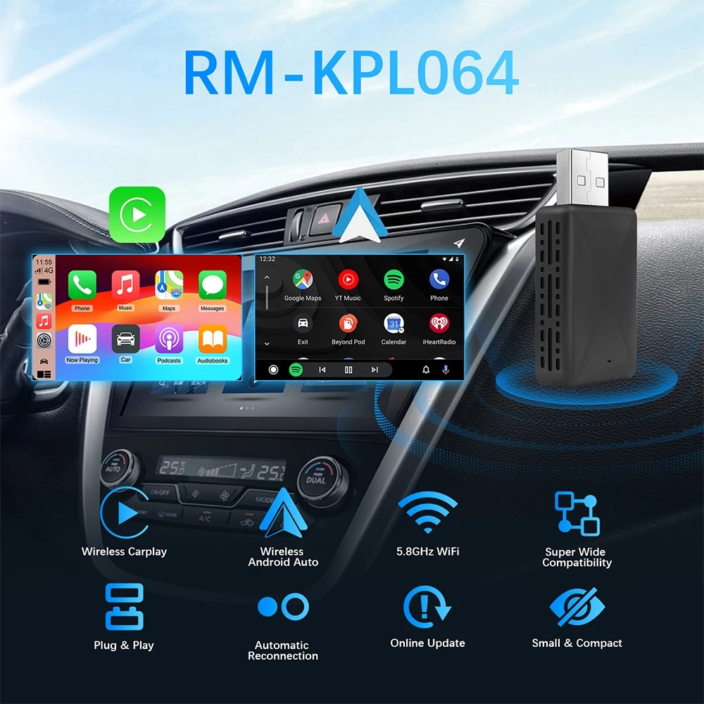 CarPlayอะแดปเตอร์ไร้สายAndroid Auto 2in 1 สมาร์ทDongle 2025 5G WIFIสําหรับiPhoneโทรศัพท์AndroidสําหรับVolvo Benz Mg Kia Chery VW