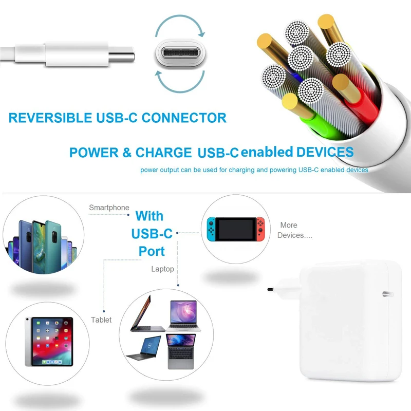 118W 61W 87W 96W USB-C adaptador de corriente para ordenador portátil tipo C PD cargador para Macbook 13 15 pulgadas A1706 A1707 A1708 A1534 A1719 A214 iPad Pro