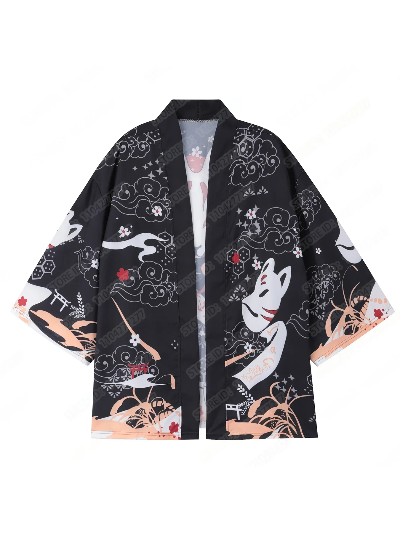 Fox Mask Printed Kimono Men Traditional Japanese Kimono Women Haori Yukata 3/4 Sleeve Open Front Cloak Kimono mujer Unisex