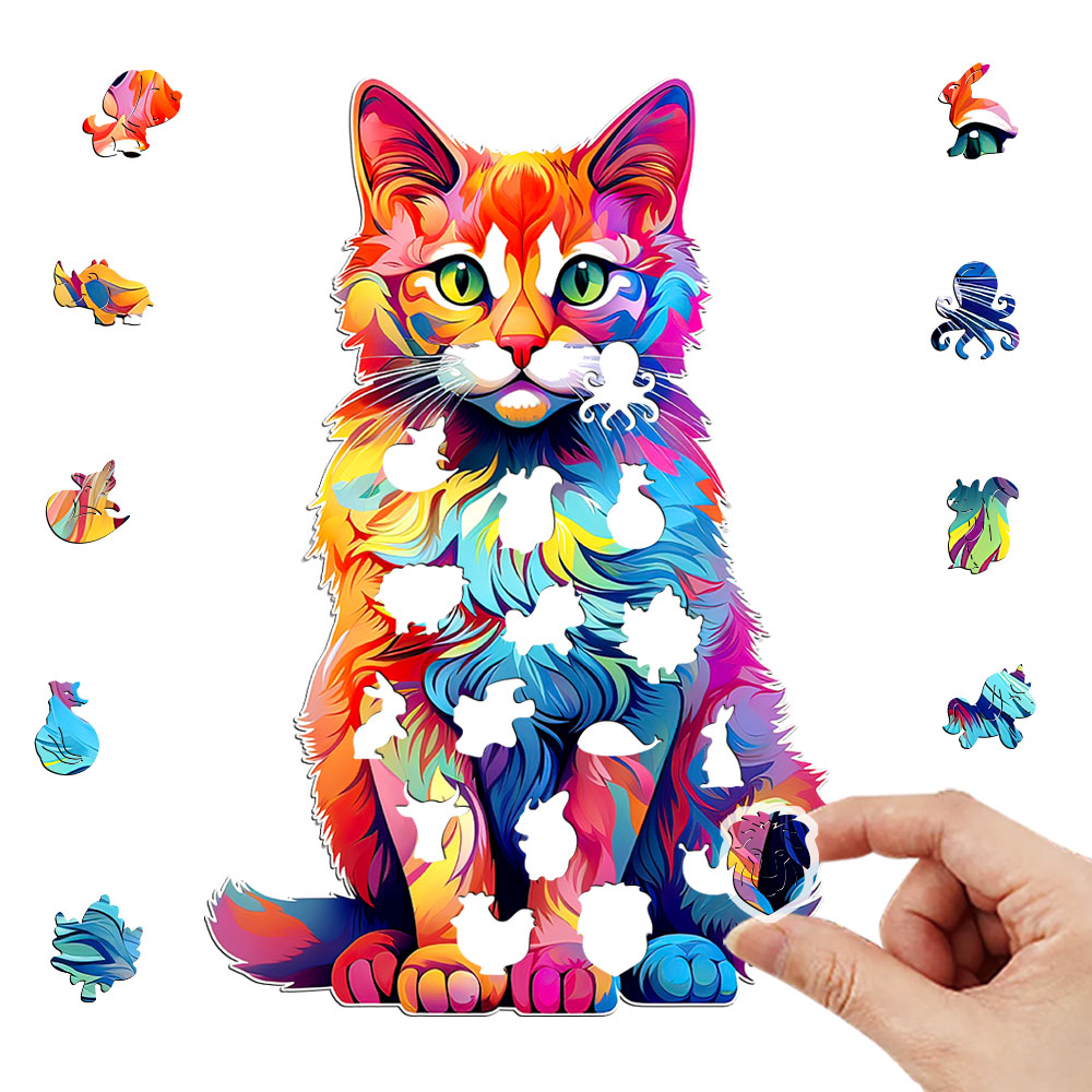 Holzpuzzle Farbe Katze Geschenkbox Schönes Geschenk Unregelmäßige Form Puzzle Weihnachtsgeschenk Stressreduzierung für Erwachsene Familieninteraktion