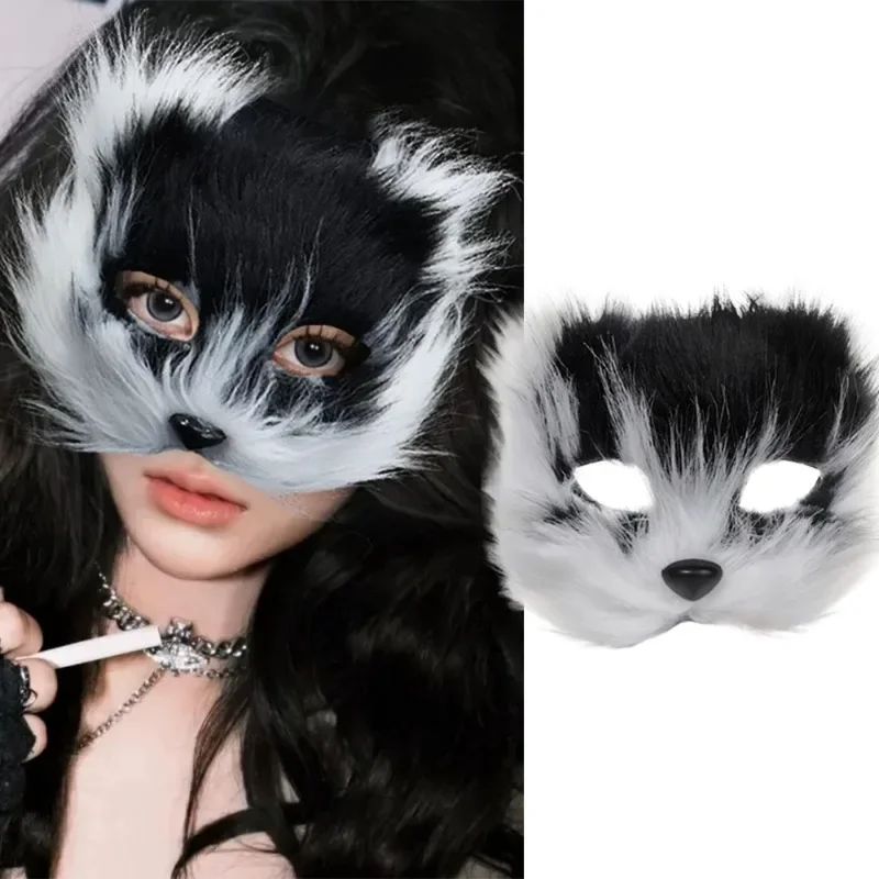 Máscara facial con forma de zorro para mujeres y niñas, máscara de Cosplay de Halloween en blanco y negro, accesorios cómodos para disfraz de fiesta de gato peludo, accesorios divertidos