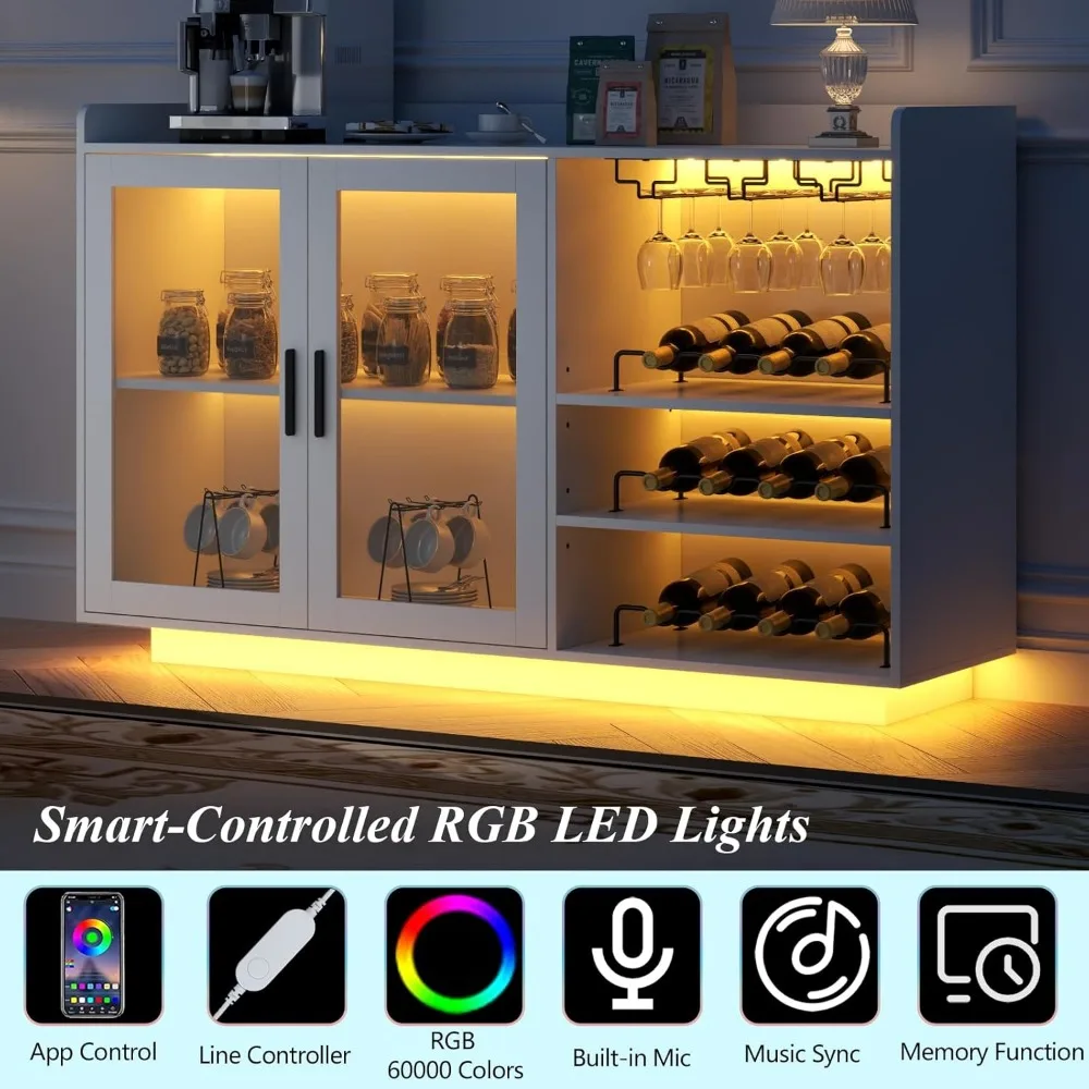 Wine Bar Cabinet with Lights,  Floating Coffee Bar with Glass Rack and Removable Wine Racks, Modern Buffet Sideboard
