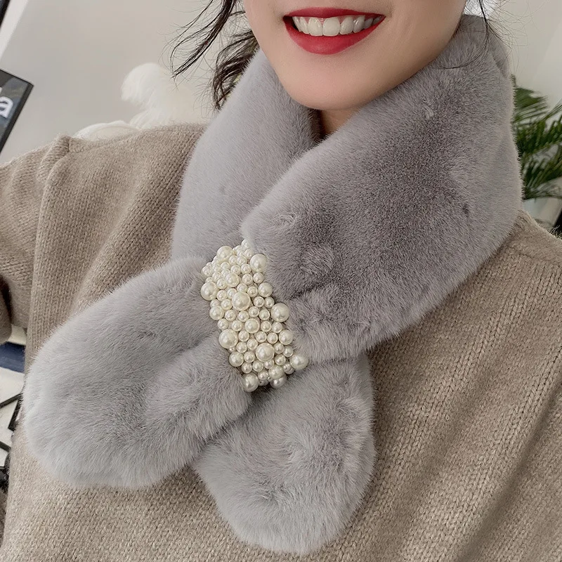 Bufanda de piel sintética de conejo para mujer, calentador de cuello suave y cálido, cuello de estilo coreano, chal de cuello acogedor para Otoño e Invierno, accesorio de moda