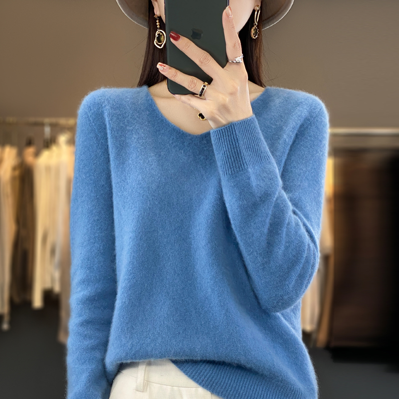100% suéter de cachemira de lana pura para mujer, jersey con cuello en V, top de punto informal, abrigo para mujer de otoño e invierno, moda coreana