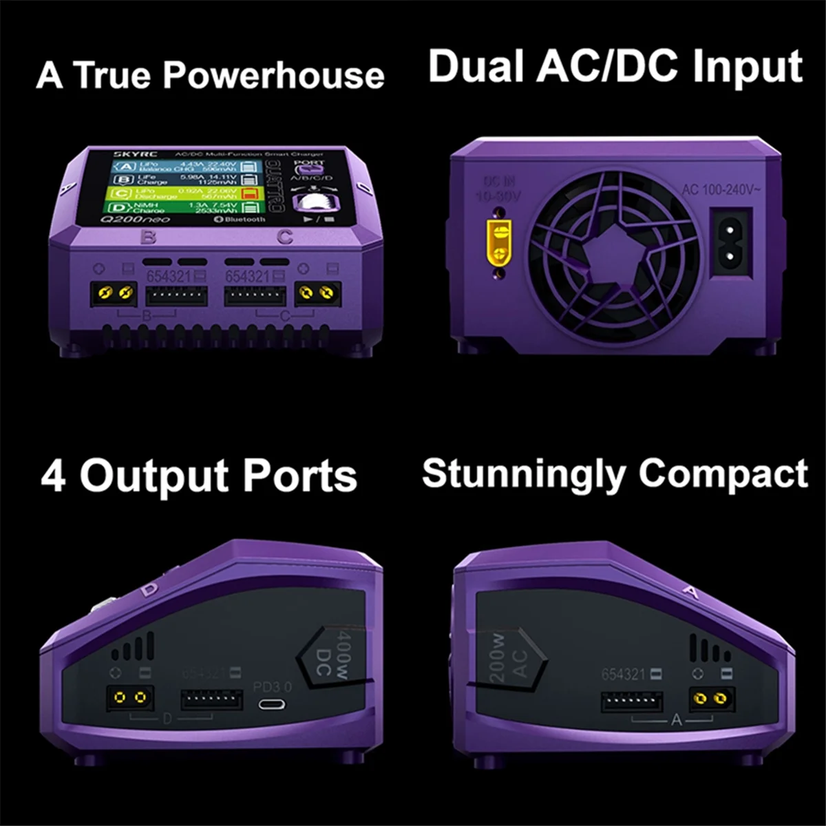 Pengisi Daya T06C-SkyRC Q200neo AC 200W DC 400W 10A 4 Port Output AC/DC Pelepasan Pengisi Daya Seimbang Pintar untuk 1-6S LiPo 20W PD3.0,US