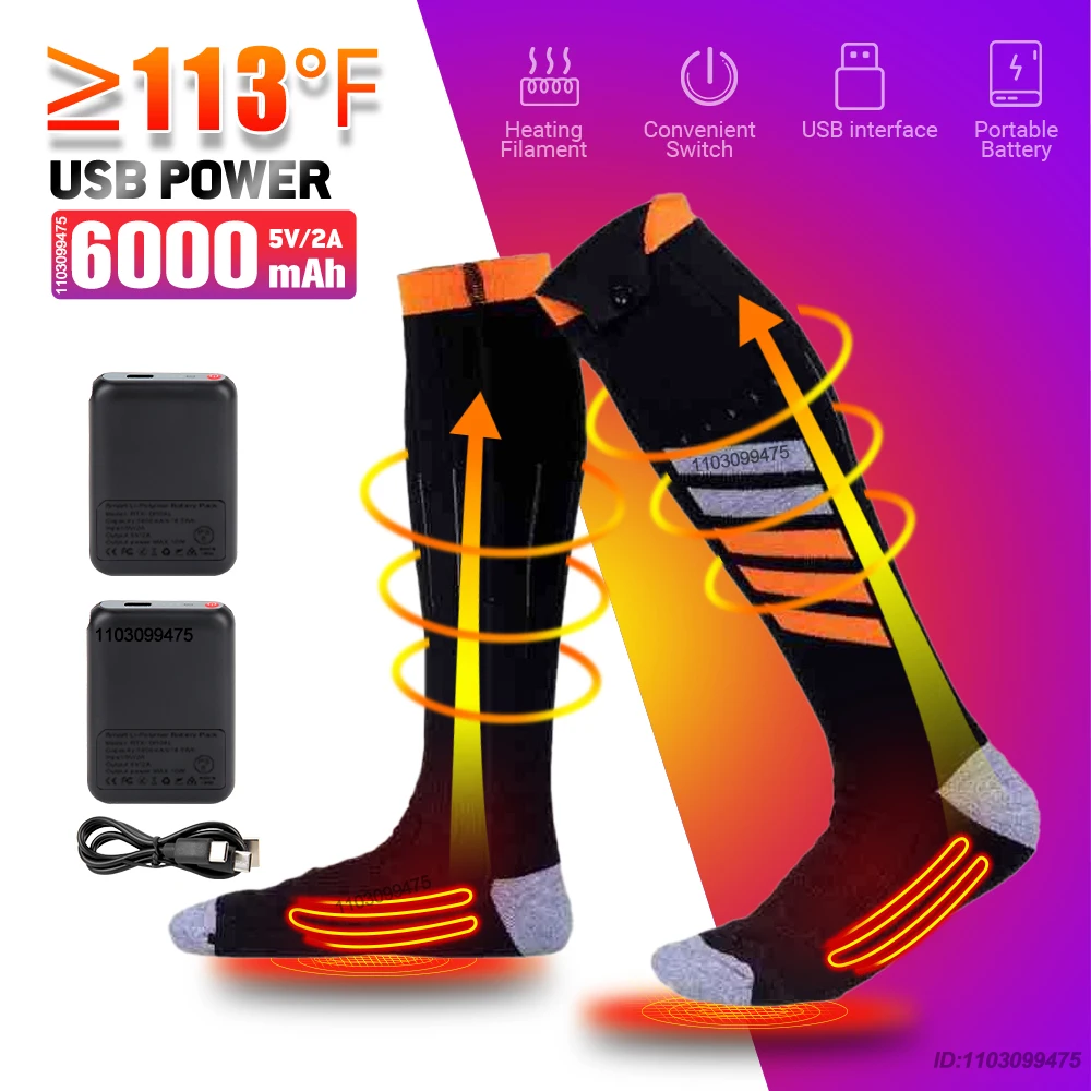 Wiederaufladbare beheizte Socken für Männer und Frauen, 6000 mAh, USB, elektrisch, beheizte Ski-Socken, Fußwärmer, Ski, Snowboarden, Radfahren, Thermosocken