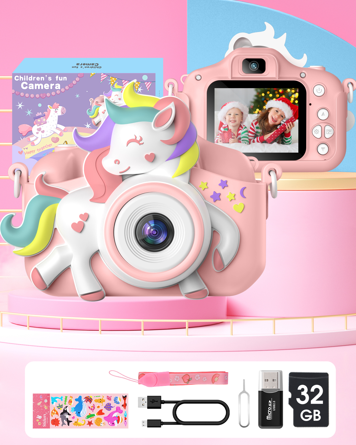 Mini appareil photo numérique HD pour enfants, 20.0 MP, 1080P, écran 2.0 pouces, caméscope, jouet avec carte de 32 go, cadeaux d'anniversaire pour 6 à 12 ans