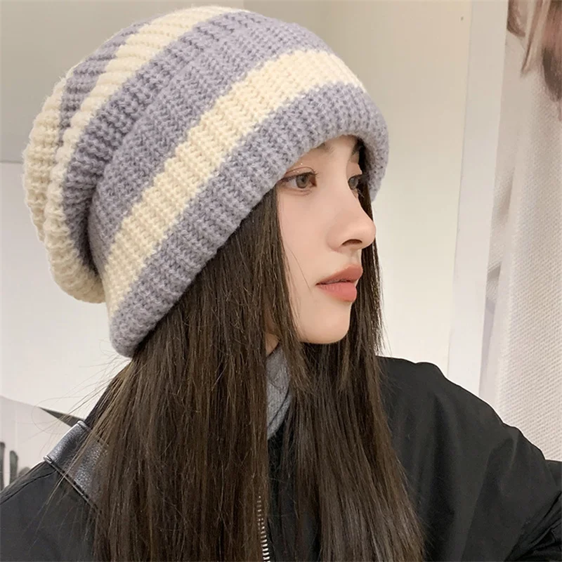 Gorros cálidos de Invierno para mujer, gorros de punto apilables informales, gorros a rayas, Hip Hop, Unisex, 1 unidad