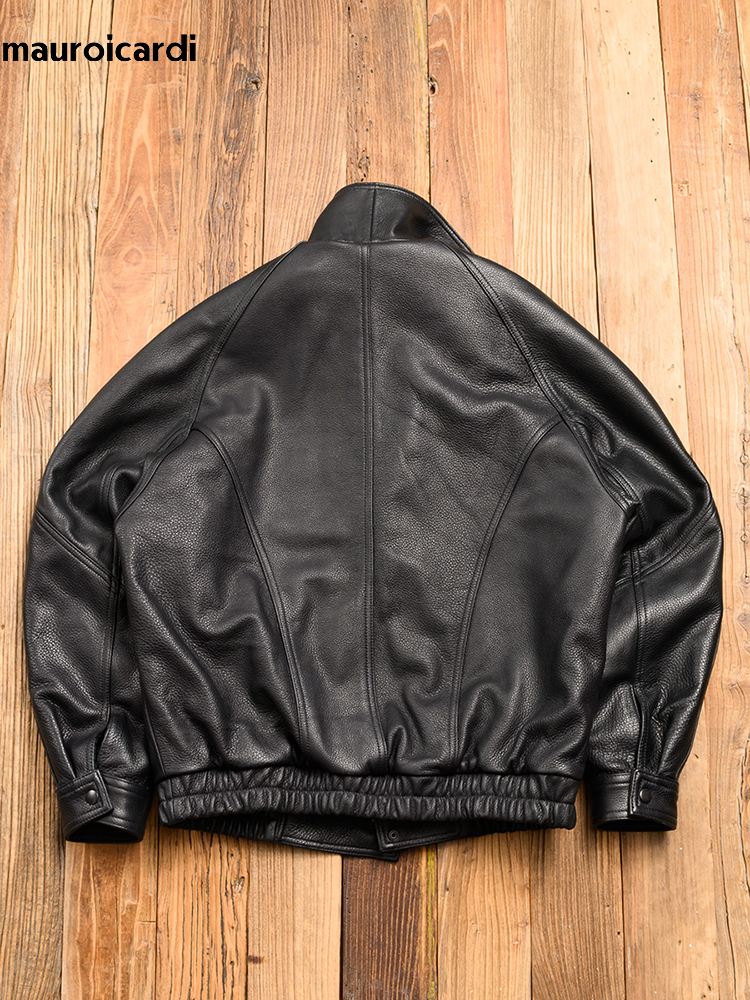 Mauroicardi 春秋クールハンサム黒ハード Pu レザージャケット男性ジッパー高級デザイナーアメリカンヴィンテージ服 2024