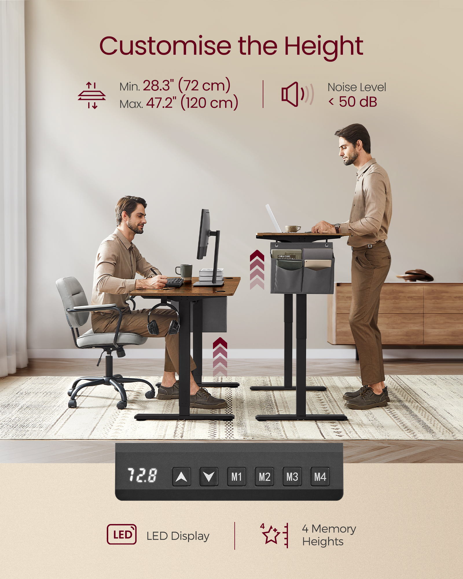 VASAGLE Electric Standing Desk, Height Adjustable Desk, 60 x 120 x (72-120) cm, 4 Memory Heights, Storage Pocket