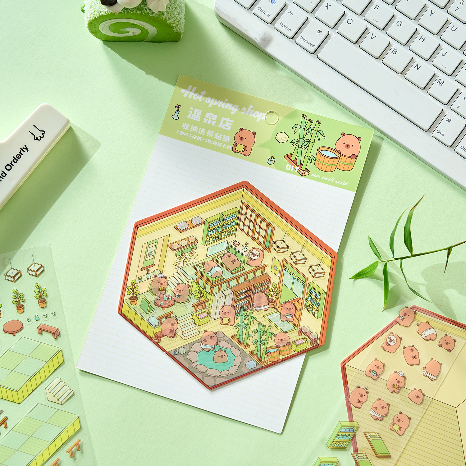 2pcs การ์ตูนฉากขนาดเล็ก 3D ภูมิทัศน์สติกเกอร์ DIY Cabin ฉากซ้อนและวางบัญชีมือของขวัญน่ารักสําหรับเด็ก