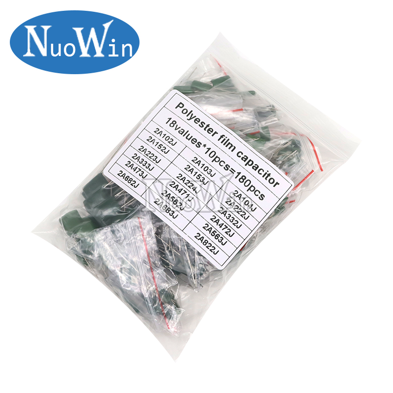180 Uds = 18 valores * 10 Uds. Kit surtido de condensadores de película de poliéster contiene 2A104J 2A332J 2A472J 2A103J 2A333J 2A473J 2A563J 2A223J