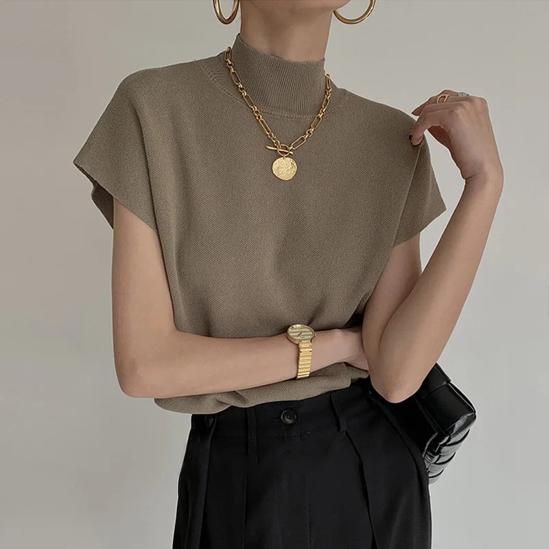Camisa de colete da moda, gola semi alta de cor sólida, colete de malha de ombro, camiseta feminina, top reto completo solto e elegante