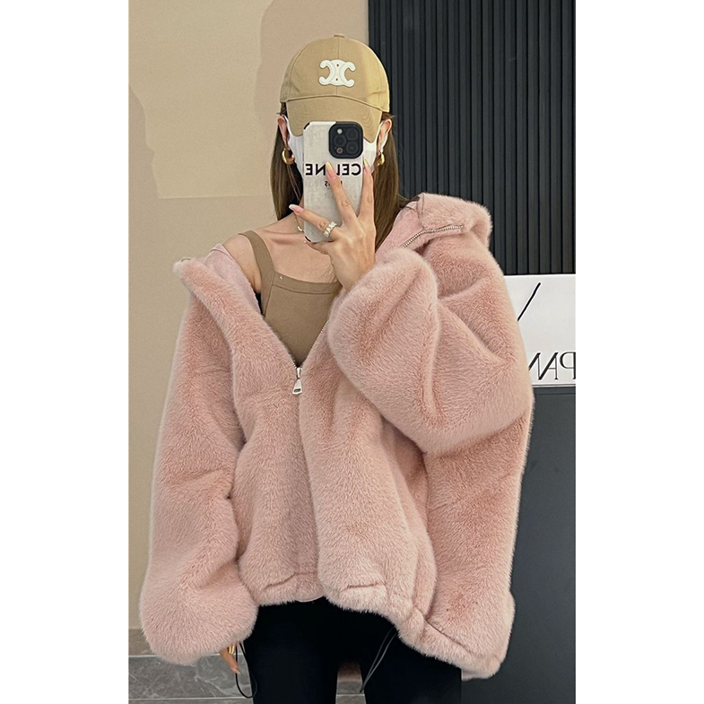 plus Size Women's Faux Rabbit Fur Coat Thickened Plush Loose Winter Coat with Hood Korean Sle Long Sleeve Mid-Length Jacket