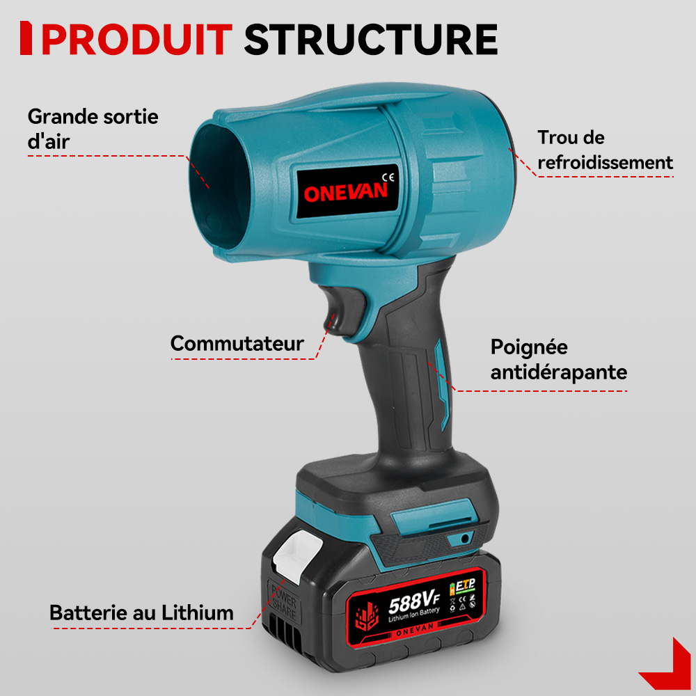 ONEVAN-Souffleurs turbo électriques sans balais, souffleur air puissant,ventilateur à jet, sèche-linge de voiture violent, déterminer la poussière, outil de soufflage pour batterie Makita 18V, 2000W, 200 m/s