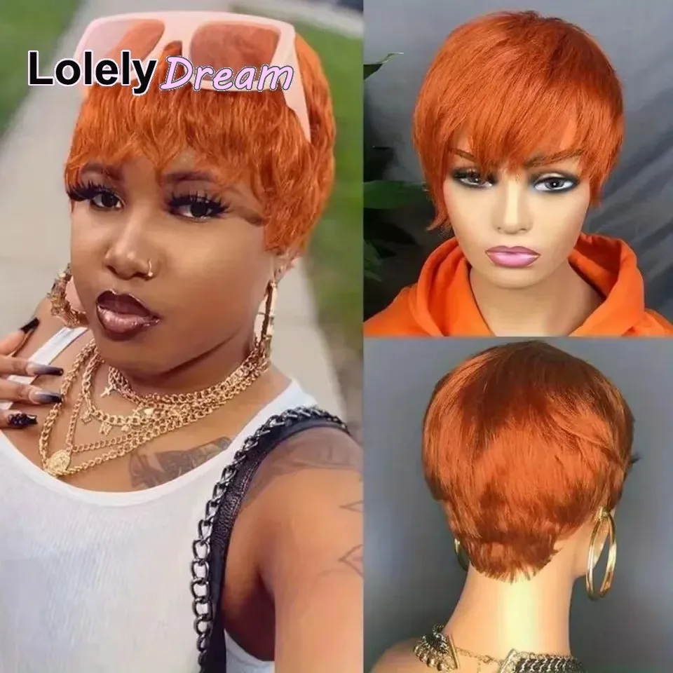 Lolely sonho máquina feita feminina curto laranja gengibre 100% peruca de cabelo humano com franja remy peruca reta em camadas pixie corte bob peruca