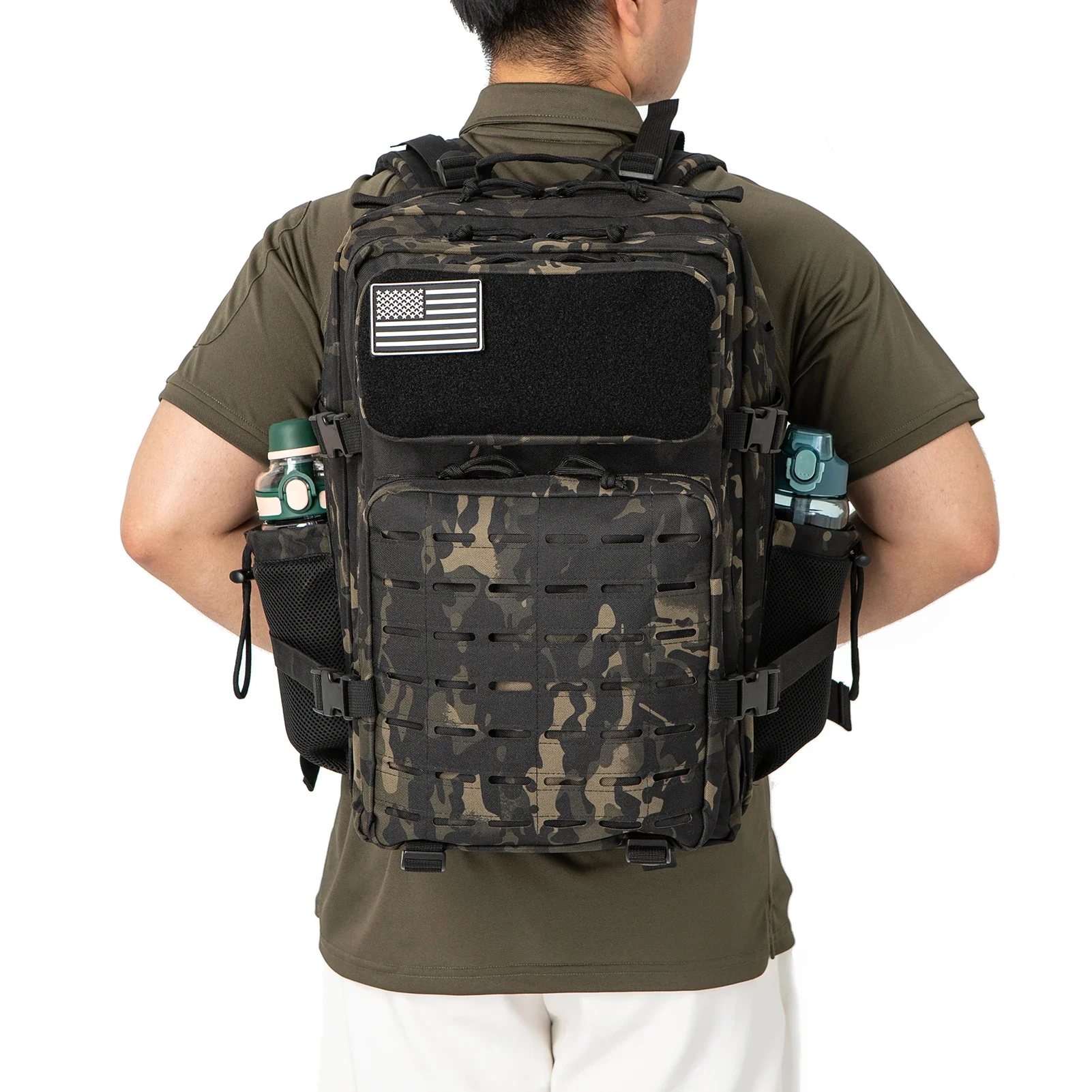 Mochila tática de 25l/45l, para mulheres/homens, corte a laser, molle, caminhadas, pacote de 3 dias, bolsa escolar, academia, com suporte de copo duplo