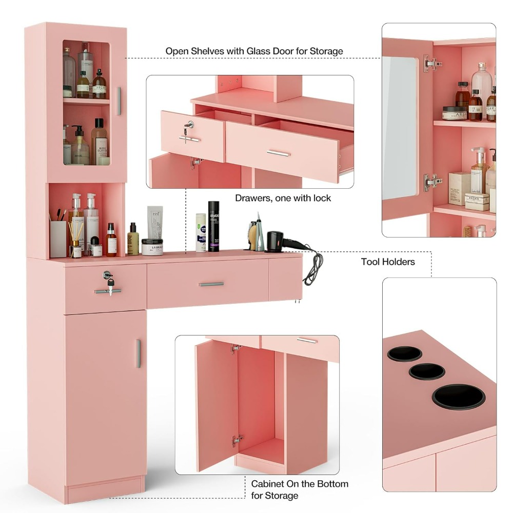 Wall Mount Barber Stations, Hair Styling Equipement Set with a Storage Cabinet, 2 Drawers and a 3 Tier Shelf w/Glass Door