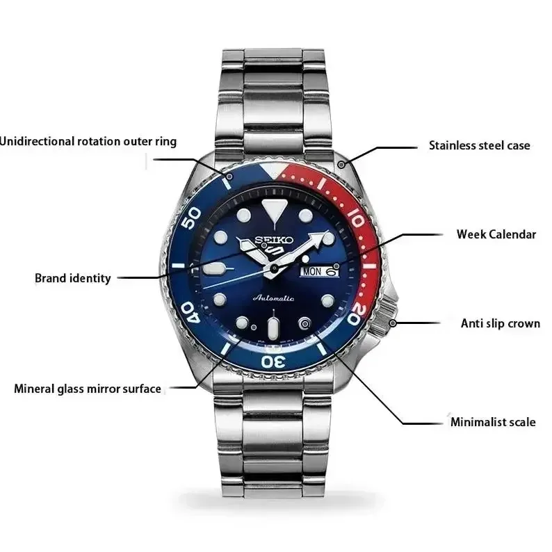 Reloj SEIKO Original 5 serie deportiva, relojes de pulsera clásicos de moda de cuarzo giratorios redondos con banda de acero resistente al agua automática