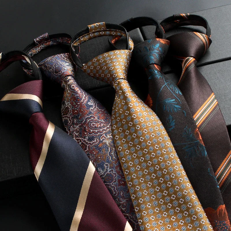NEW Paisley Zipper Ties for Men 8CM Neck Tie Solid Striped Polka Dots Silk Neckties Men's Wedding Zipper Tie Blue Lazy Ties