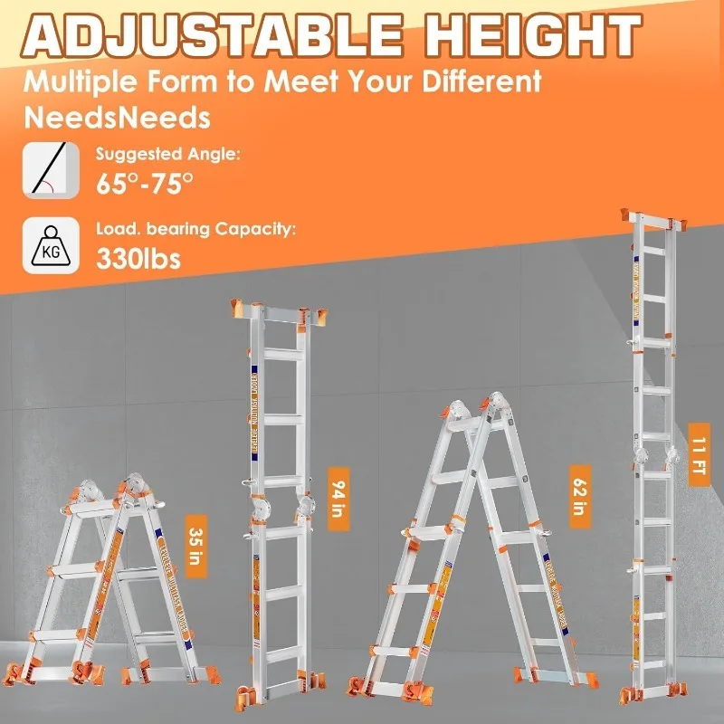 Ladder, A Frame 3 Step Ladder, 11FT Extension Ladder with Stabilizer Bar & Wheels,330 lbs Security Load Multi Position Ladder