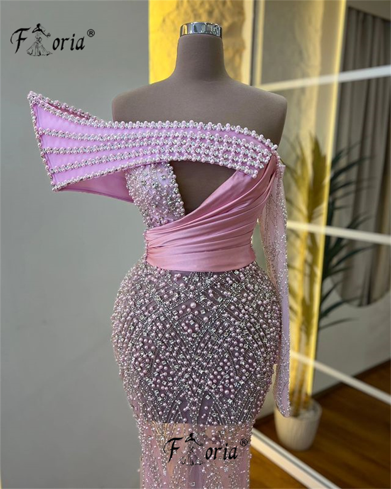 Elegant สีชมพู Mermaid พรหมชุดคําไข่มุกคริสตัลอย่างเป็นทางการวินาทีแผนกต้อนรับวันเกิดหมั้นชุด Robe de soiree