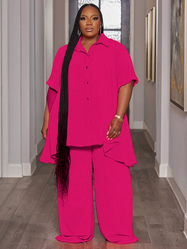 Wmstar-レディースツーピースセット,カジュアルウェア,無地,ボタン付きワイドレッグパンツ,ラージサイズ5xl,卸売り,直送