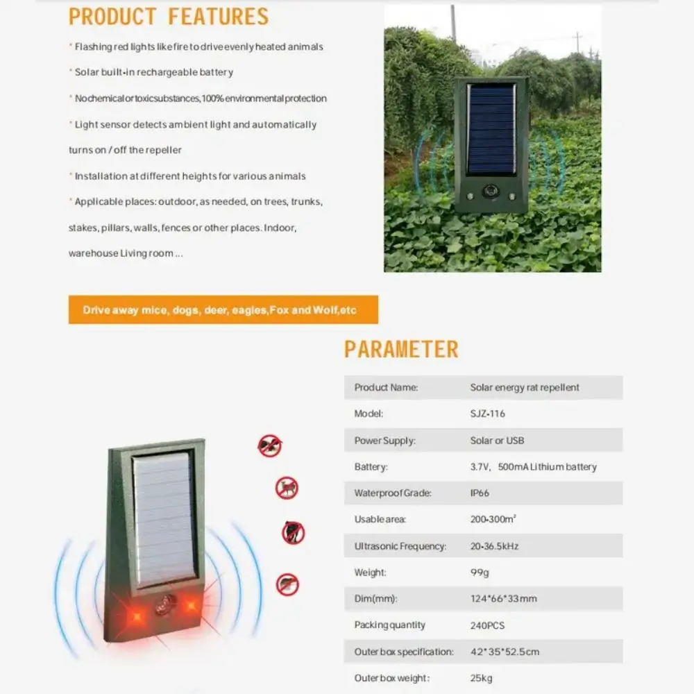 Solarbetriebenes elektronisches Ultraschall-Vogelabwehrmittel, IP66, wasserdicht, Taubenabschreckung, starke LED-Blinkschädlinge zur Hofkontrolle