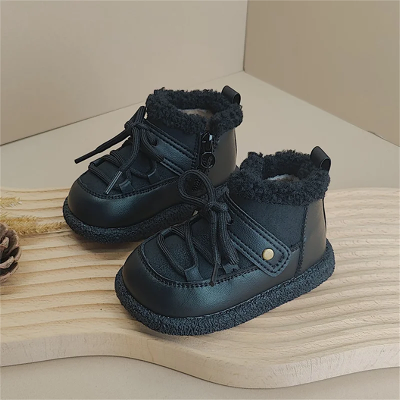 Botas de invierno para bebé, botas de cuero cálidas de felpa para niños, botas de nieve de suela blanda a la moda para niñas pequeñas, EU 16-25, novedad de 2024