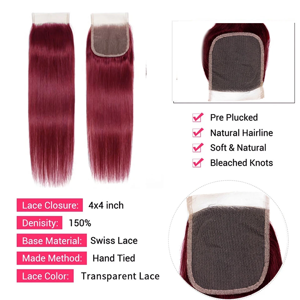 99j pacotes retos com fecho marrom avermelhado em linha reta pacotes de cabelo humano com fechamento 4x4 borgonha pacotes de cabelo humano