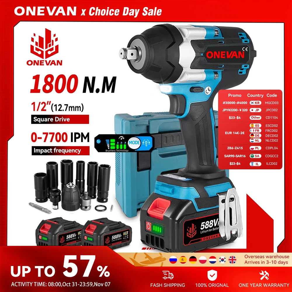 ONEVAN 1800N.M Brushless ประแจผลกระทบไฟฟ้า 1/2 ''ไขควงไร้สายประแจแรงบิดเครื่องมือสําหรับ Makita 18V แบตเตอรี่ Pin