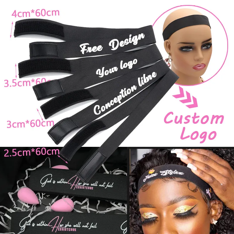Banda de fusión personalizada con logotipo propio, banda elástica con borde ajustable para pelucas, banda de fusión de encaje, accesorios para el cabello negros de 2,5 3 y 3,5 Cm
