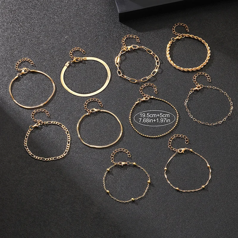 10 Uds. Pulsera de cadena de serpiente plana de Color dorado con declaración Vintage, pulsera de Metal multicapa bohemia, joyería de verano para mujer