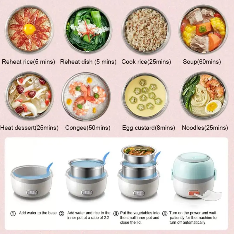 DMWD Nồi Cơm Điện MINI Nhiệt Làm Nóng Hộp Cơm 1/2 Lớp Di Động Hấp Thực Phẩm Nấu Bình Chứa Bữa Ăn Thực Phẩm Lunchbox Ấm