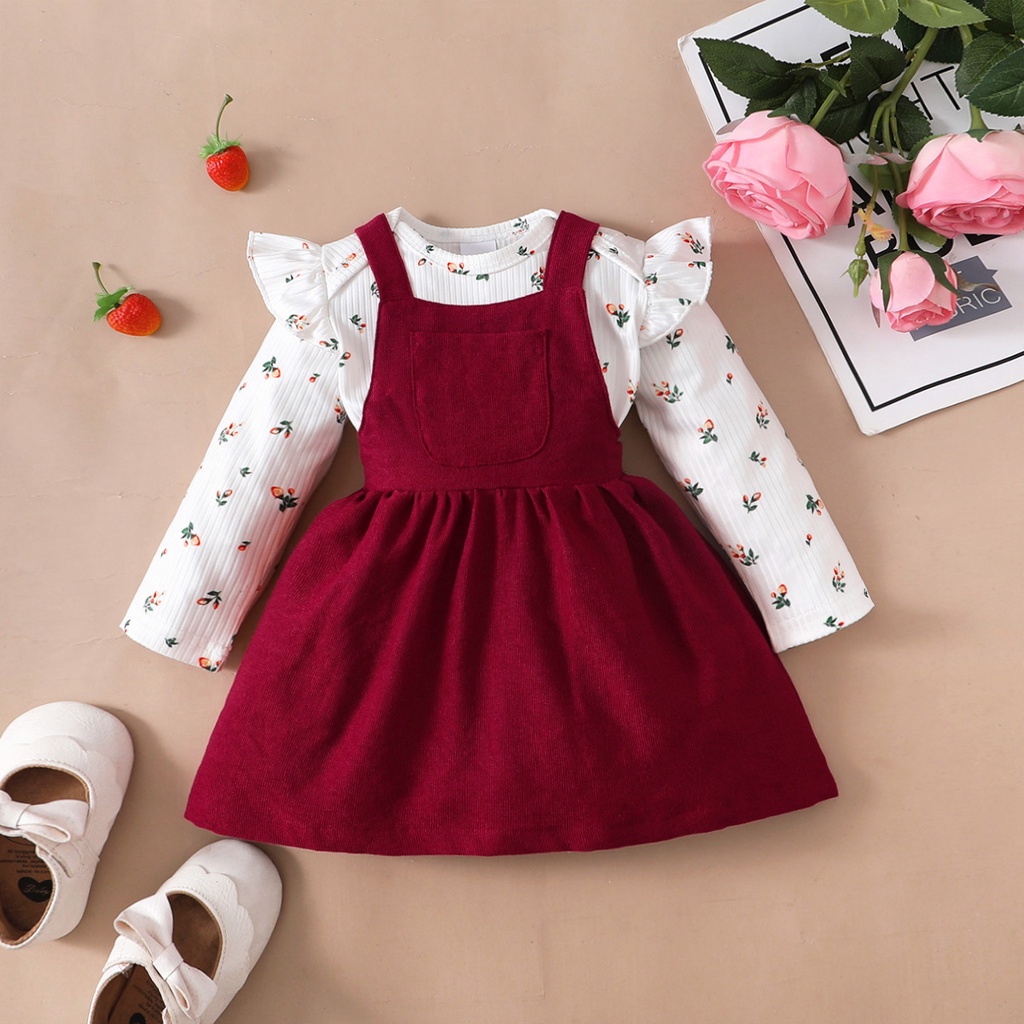 2PCS Neugeborenen Baby Geburtstag Prinzessin Kleid Set Lange Ärmel Romper + Roten Träger Rock für Kleinkind Mädchen 0-18 monate Neue Jahr Outfits