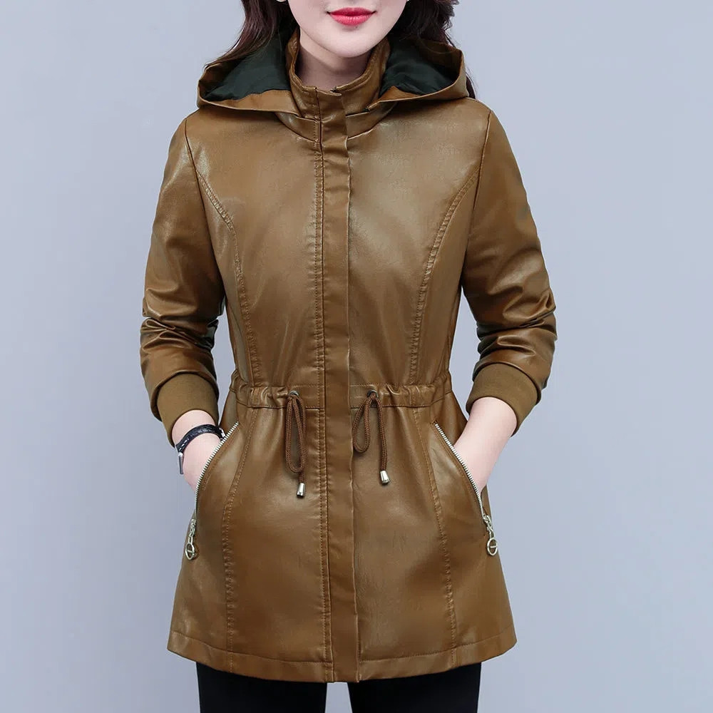 女性の Pu レザーコート春秋のファッションフード付きオートバイジャケット女性カジュアルジッパーフェイクレザーウインドブレーカー 4XL Y1000