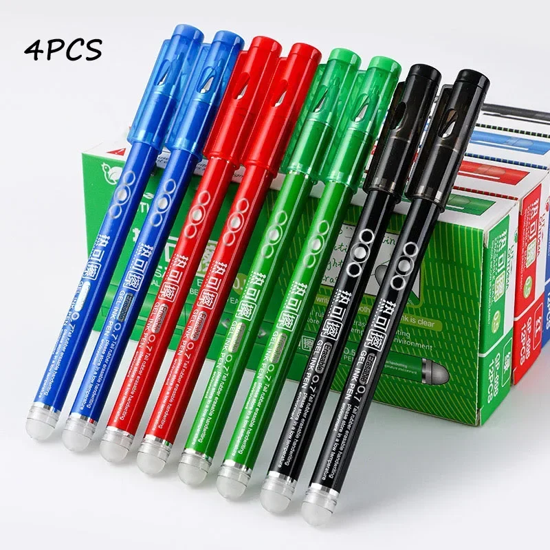 Canetas apagáveis de calor, 4 unidades, ponta de bala, caneta gel apagável colorida sensível ao calor, escrita suave de 0,7 mm, tinta preta azul vermelha verde