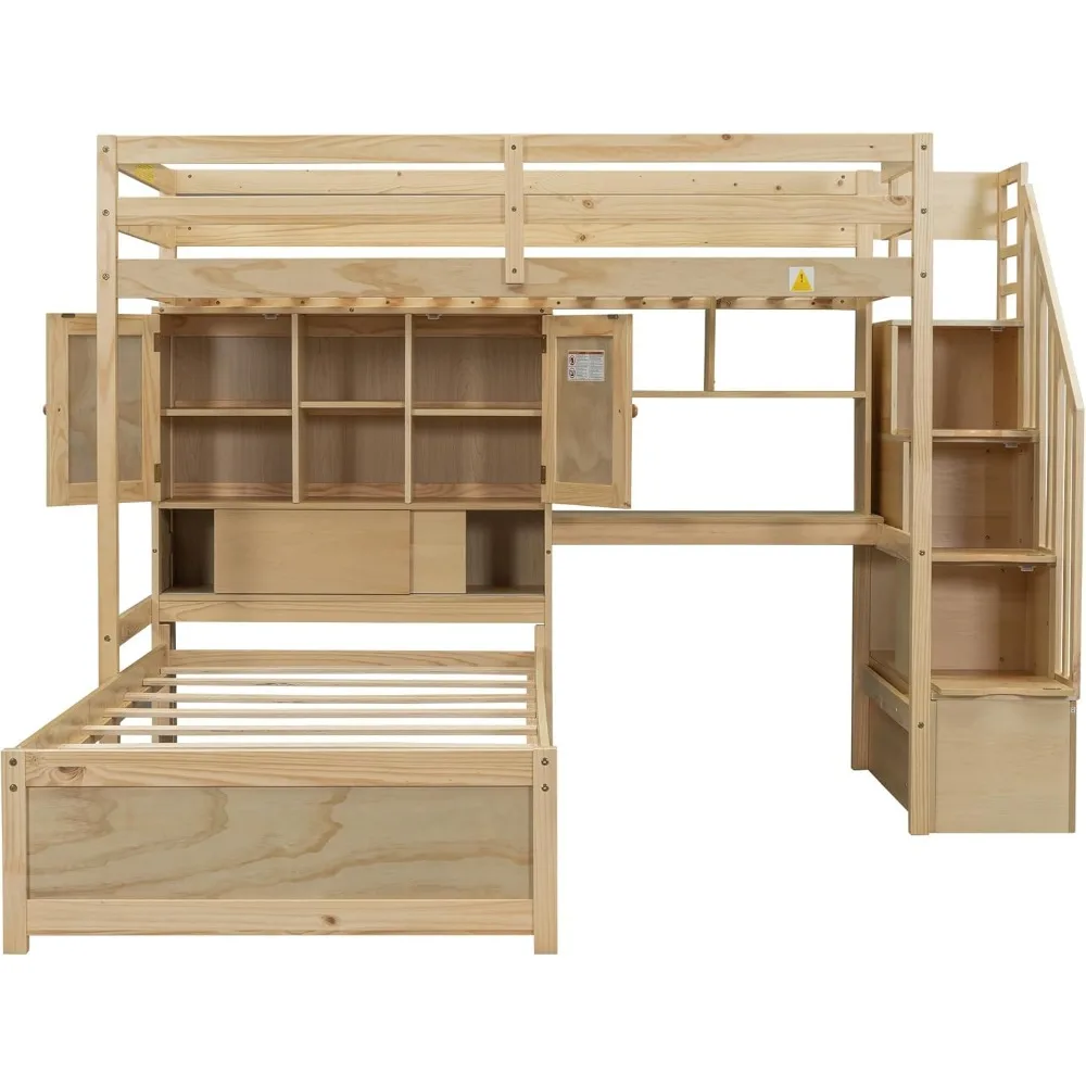 Twin Loft Bed.Twin Over Twin Bunk Beds with Stairs & Desk, Solid Wood Loft Bunk Bed with Storage Stairs Shelves and Drawers,