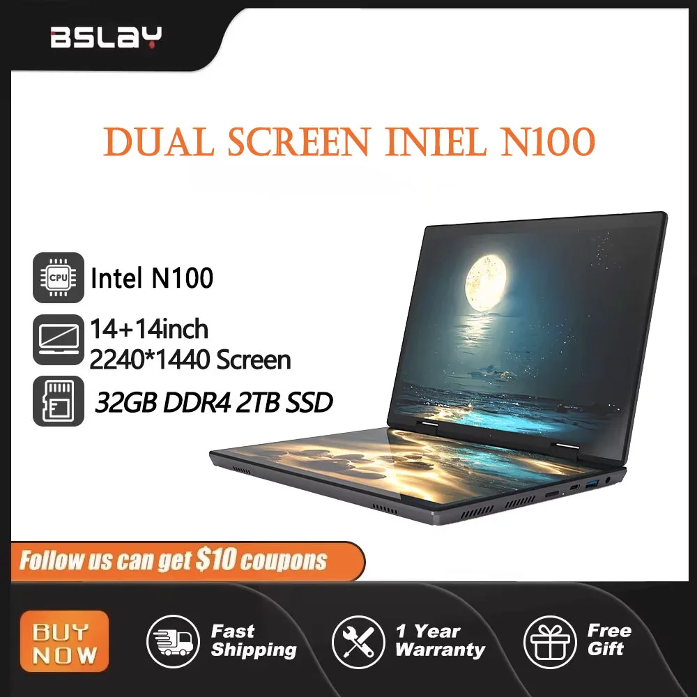 Portátil 14+14 pulgadas doble pantalla Intel 12thN100 32GB DDR4 2TB SSD 2240X1400 cámara HD 3,4 GHz pantallas táctiles Pro 360 °   Cuaderno plegable