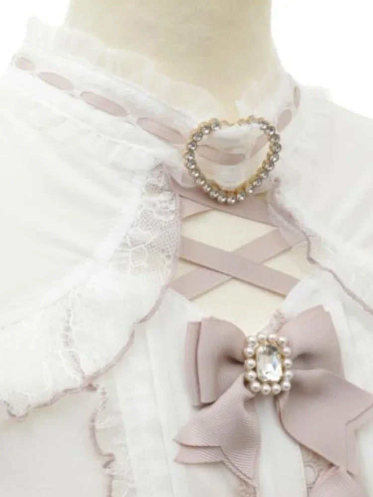 Blusa japonesa Lolita Kawaii con hombros descubiertos, camisas De retazos De encaje Y2k con lazo estético para Mujer, Blusas JK que combinan con todo